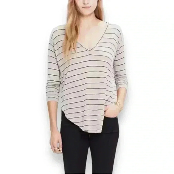 Madewell Long Sleeve Stripe Pattern V-neck Beige Relaxed Fit High-Low Anthem Tee - Picture 1 of 16